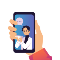 Hand holds phone with online pharmacy service, flat illustration isolated png