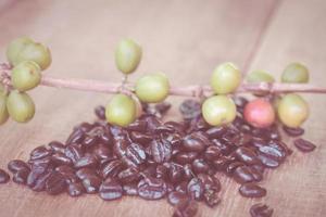 Fresh coffee beans on wood photo