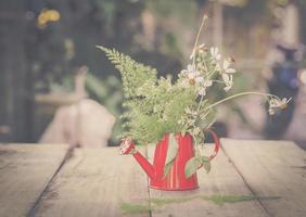 Decoration with small flowers in a red watercan photo