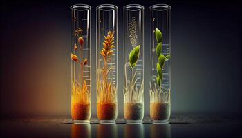 planta semillas en prueba tubos para genética investigación. laboratorio análisis de agrícola materias primas generado ai foto