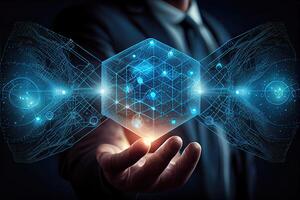 Blockchain technology and network concept Businessman blockchain in hand with icons network connection on blue security and digital connection background photo