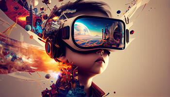 AI Metaverse concept collage design with wearing VR headset with smart glasses futuristic technology photo