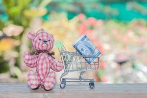 bank note in shopping cart with bear toy photo