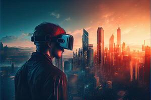 Metaverse concept and virtual world elements. virtual reality headset photo