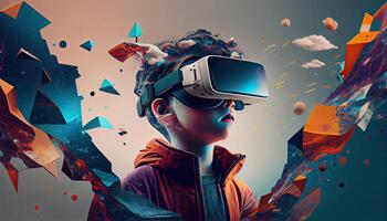 AI Metaverse concept collage design with wearing VR headset with smart glasses futuristic technology photo