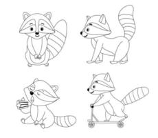 Set of line Funny cute raccoon. Vector outline illustration of small raccoon character isolated on white for coloring page