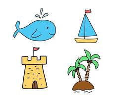 Island in sea with palm trees. Set of cute childish drawings with whale, sailboat an castle tower. Funny doodle vector illustration isolated on white background