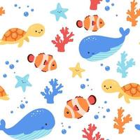 Childish seamless pattern with sea animals on white. Cute marine underwater fauna with turtle, whale and clown fish. Endless design. Colorful flat cartoon vector characters