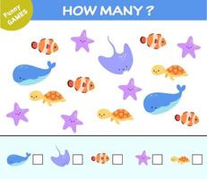 Funny game for kids. Find and count cute sea animals. Puzzle for children. How many activity page. Vector illustration