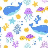 Childish seamless pattern with sea animals on white background. Cute marine underwater fauna with turtle, whale and jellyfish. Endless design. Colorful flat vector characters