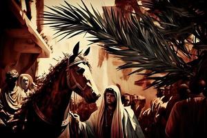 Domingo de palma en el ocasión de Jesús' entrada dentro Jerusalén generado ai foto