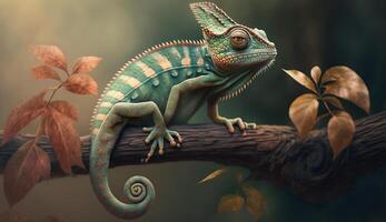 realistic illustration of a chameleon sitting on a tree , photo