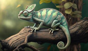 realistic illustration of a chameleon sitting on a tree , photo