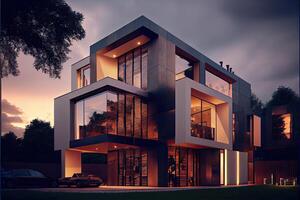 Evening view of a luxurious modern house photo