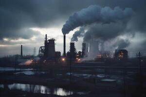 Industrial factories release exhaust fumes into the atmosphere. photo