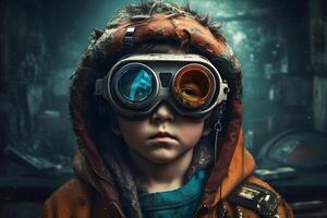 Portrait of a boy in a virtual reality helmet. The concept of virtual reality. photo