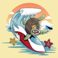 Turtle surfing with surfboard and starfish. Vector illustration.