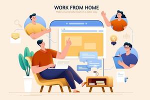 Concept of telecommuting and work from home, designed with a team discussing wonderful ideas through online meeting and maintaining their productivity vector