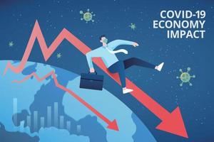 Concept of COVID-19 global economy impact, with a businessman dramatically sliding down along a declining market chart vector