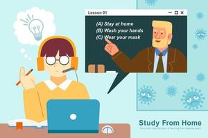 Student studying from home through laptop, Concept of online learning flat illustration during COVID-19 outbreak vector