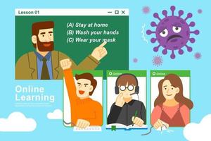 Student raises his hand in virtual class, Concept of online learning flat illustration during COVID-19 outbreak vector