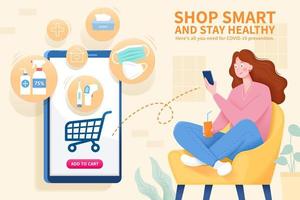 Young woman sitting on a cozy couch with smartphone and purchasing COVID-19 preventive products online, staying home can reduce the risk of coronavirus infection vector