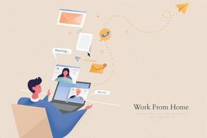 Young office worker is doing online meeting with his team through video call, concept of work from home in flat design vector