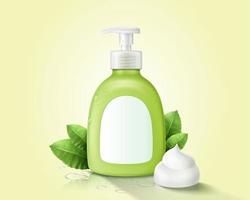Green hand wash dispenser bottle, decorated with creamy foam and herbal leaves, isolated on light green background, 3d illustration vector