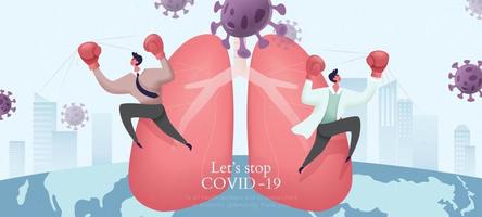 Two medical workers wearing boxing gloves to fight against lung infection caused by COVID-19, thank you banner for all the hardworking doctors and scientists vector