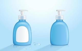 Set of realistic hand wash dispenser bottles, one with blank label and the other without, isolated on light blue background, 3d illustration vector