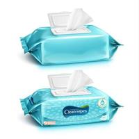 Set of cleaning wipes in light greenish blue design, one with package design and one without, 3d illustration vector