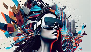 AI Metaverse concept collage design with wearing VR headset with smart glasses futuristic technology photo