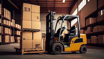 Forklift loads pallets and boxes in warehouse photo