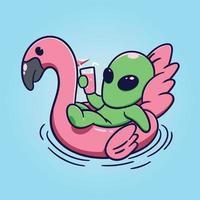 Funny Alien chill on flamingo swimming tire with a glass of cocktail. Vector illustration.