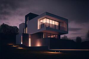 noche ver de un lujoso moderno casa generado ai foto