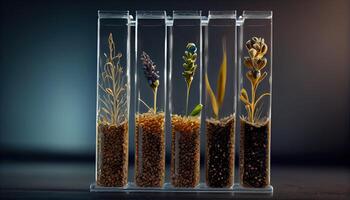 Plant seeds in test tubes for genetics research. Laboratory Analysis of Agricultural Commodities photo