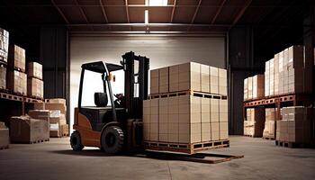 Forklift loads pallets and boxes in warehouse photo