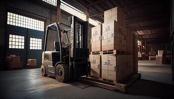 Forklift loads pallets and boxes in warehouse photo