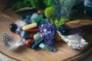 Various  crystals for healing, magical practices, minerals for esoteric spiritual practice, Healing Crystal Ritual, Witchcraft, Relax Chakra. Feng Shui, reiki therapy concept, spiritual force human photo