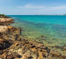 Landscape summer panorama view front nature seen along the mountains rock coast and sea ocean, look blue sky, horizon wind cool breeze, comfortable during the travel day, relax, Rayong, Thailand photo