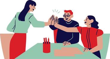 Vector illustration of a group of people sitting at the table and giving high five