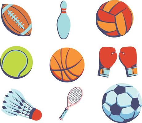 Sports cute stickers set in flat cartoon design. Bundle of basketball,  baseball, football, bowling, skating, tennis, running, cycling and other.  Vector illustration for planner or organizer template Stock Vector