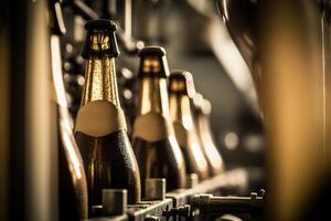 Luxury champagne manufacturing. Champagne bottles on a conveyor belt. photo