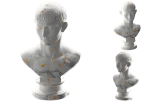 Elegant 3D render of Young Man with Short Hair statue in white marble and gold, fashion apparel png
