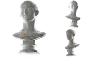 elegante 3d render do jovem homem com curto cabelo estátua dentro branco mármore e ouro, moda vestuário png