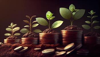 a row of stacks of coins with a plant growing out of them. Tree leaf on save money coins, Business finance saving banking investment concept photo