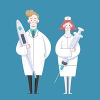 Set of medical workers in cartoon style, with doctor holding a digital thermometer and nurse holding a syringe, isolated on woad blue background vector