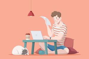 hombre trabajando en ordenador portátil a un café mesa con su gato, trabajo desde hogar plano estilo ilustración vector