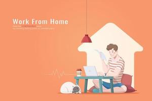 Man in casual clothes working from home during coronavirus outbreak with his cat, orange background WFH illustration vector