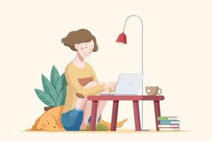 Woman working on laptop at a coffee table with her dog, cozy work from home flat style illustration vector